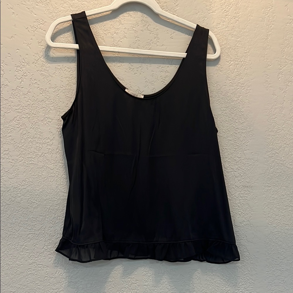 LOFT - Silk Elegant Black Sleeveless Top with Ruffle Bottom (M)